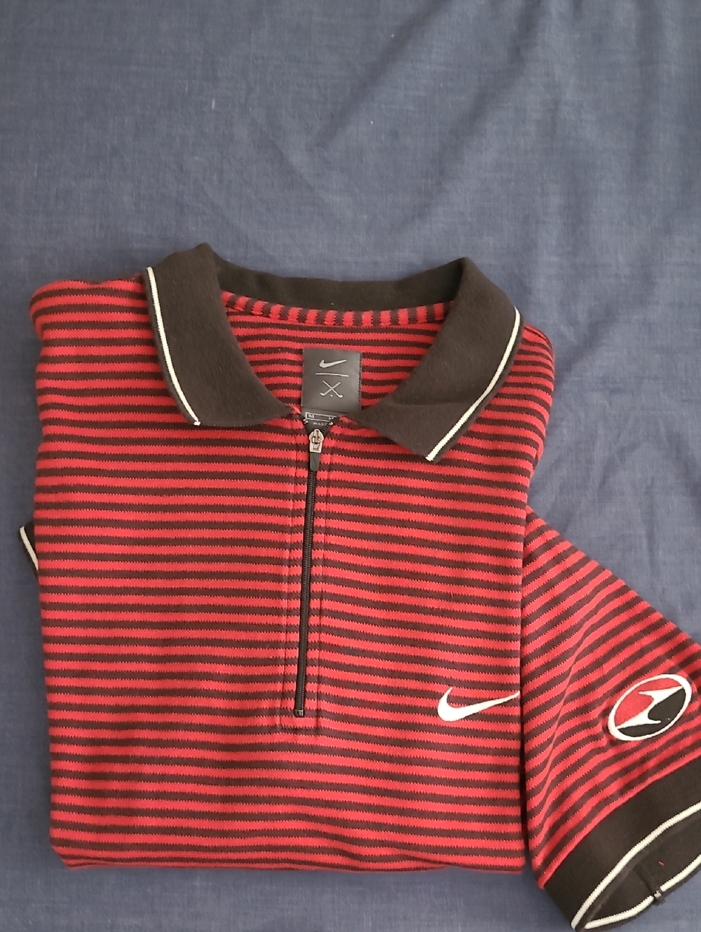 Nike Red and Black Striped Polo with Zip Collar